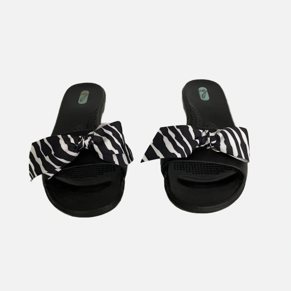 Oka‎ B Black Zebra Bow Rubber Slides Sandals Medium Large ML 8-9